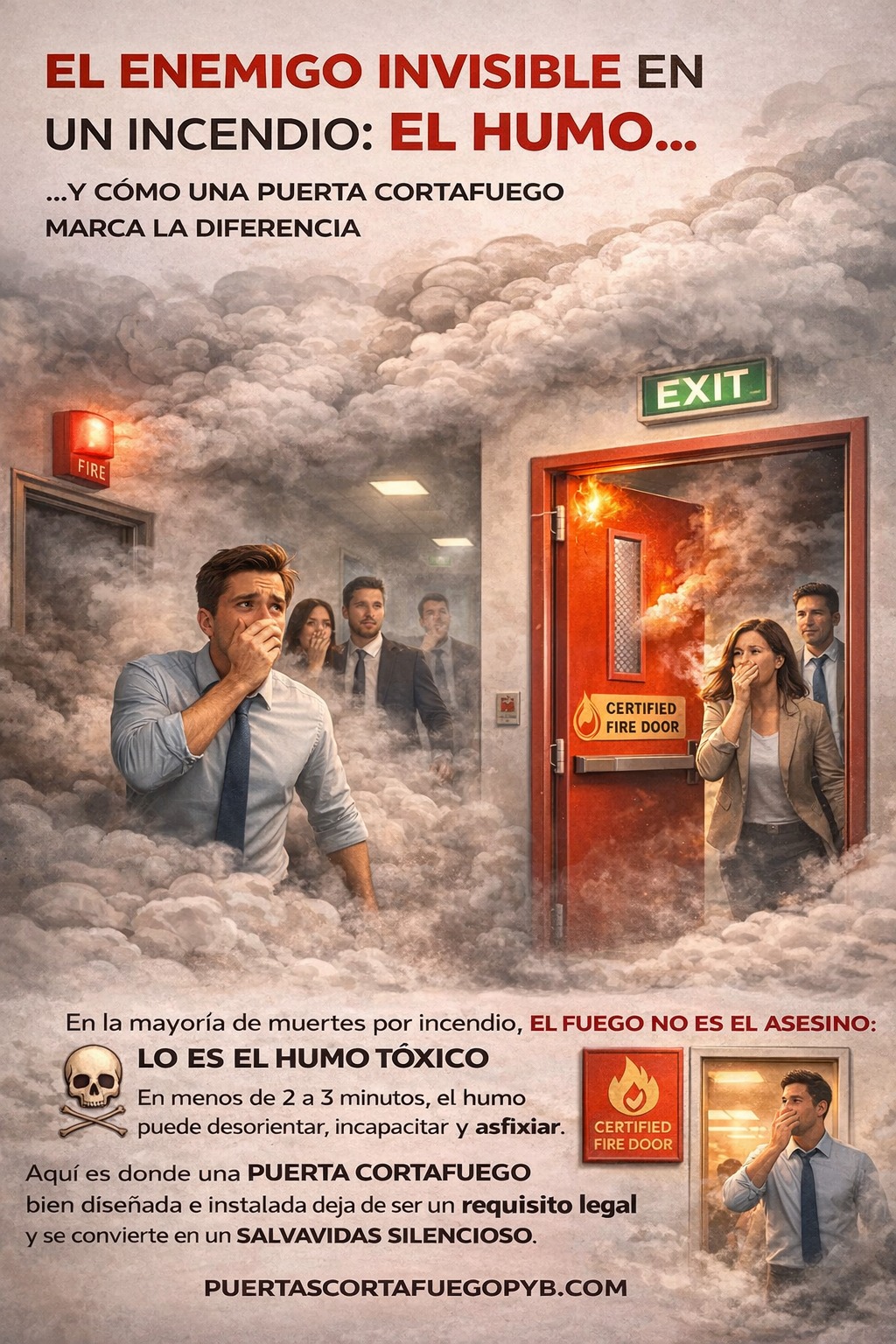 Personas evacuando por humo hacia una puerta cortafuego certificada en un edificio.