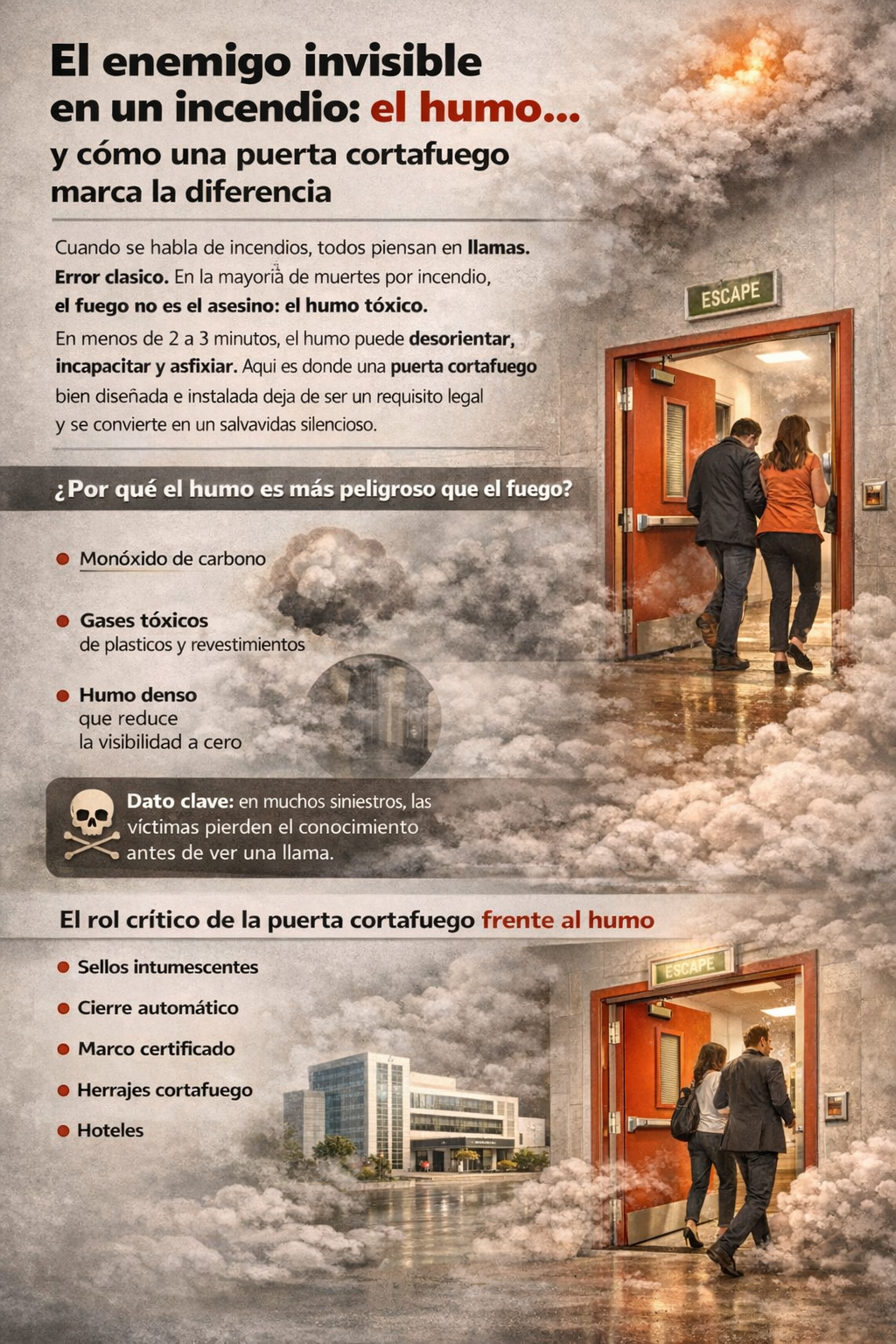 Detalle de sellos intumescentes en una puerta cortafuego certificada.